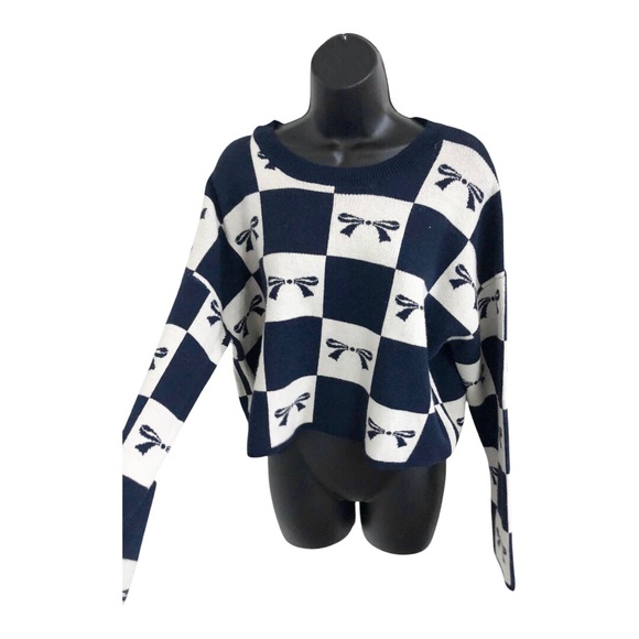 Sincerely Jules navy blue & cream checkerboard look dark blue bow sweater size L - Picture 3 of 9